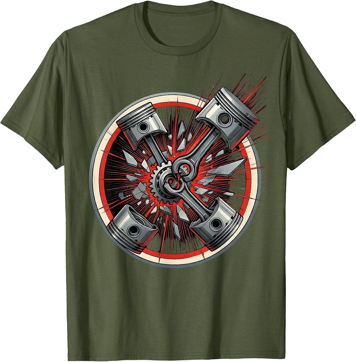 Men's Piston and Crankshaft Mechanical Exploded View T-Shirt - Olive Green