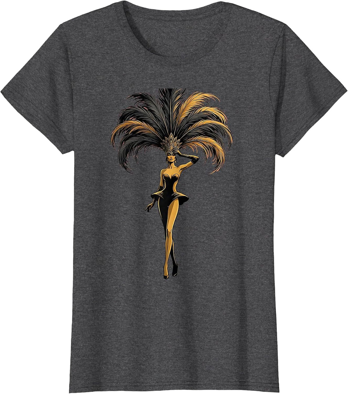 Women's Showgirl Feathered Headdress Illustration T-Shirt - Dark Heather Grey