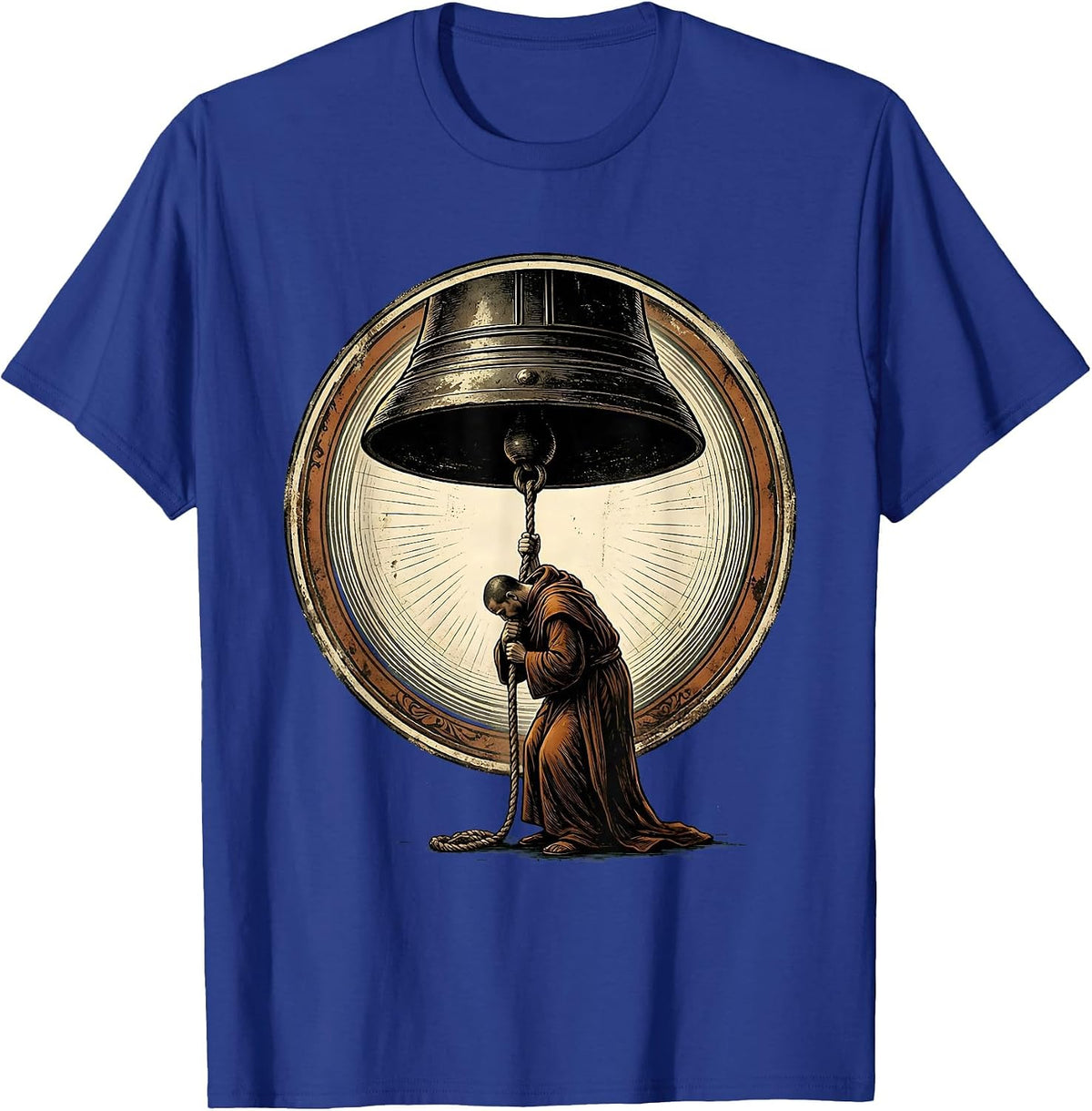 Monk Ringing Iron Bell at Dawn Graphic T-Shirt - Royal Blue