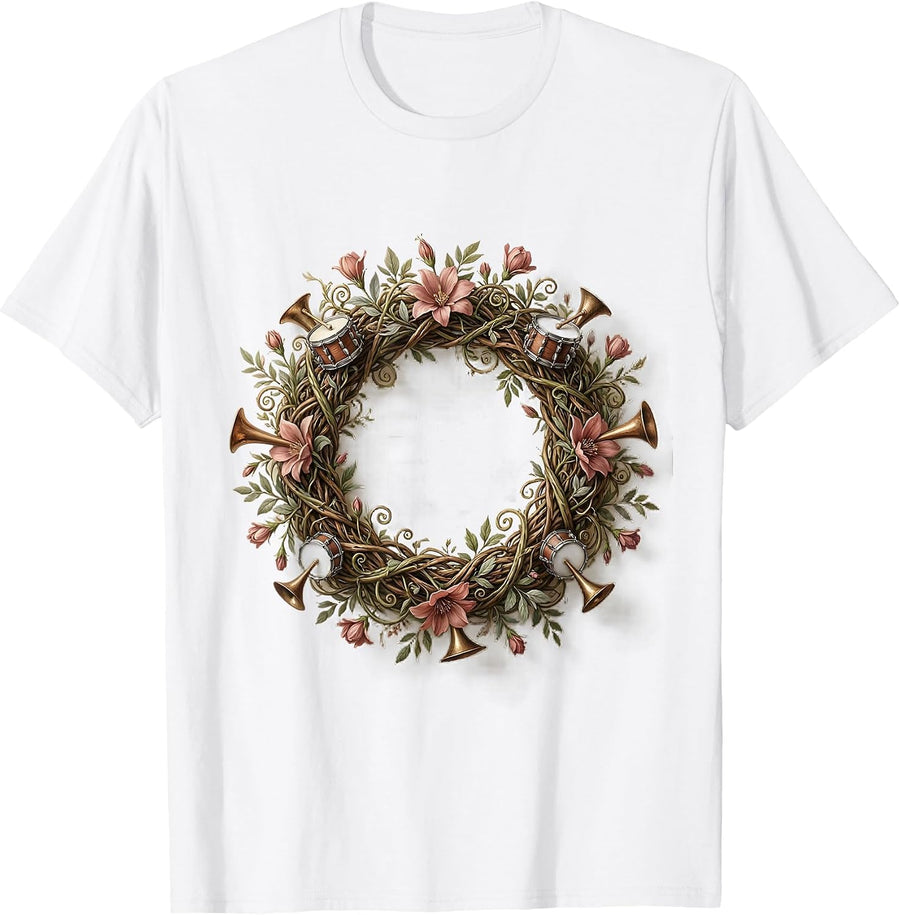 Band Mom Floral Wreath Trumpet Drum Design T-Shirt - White