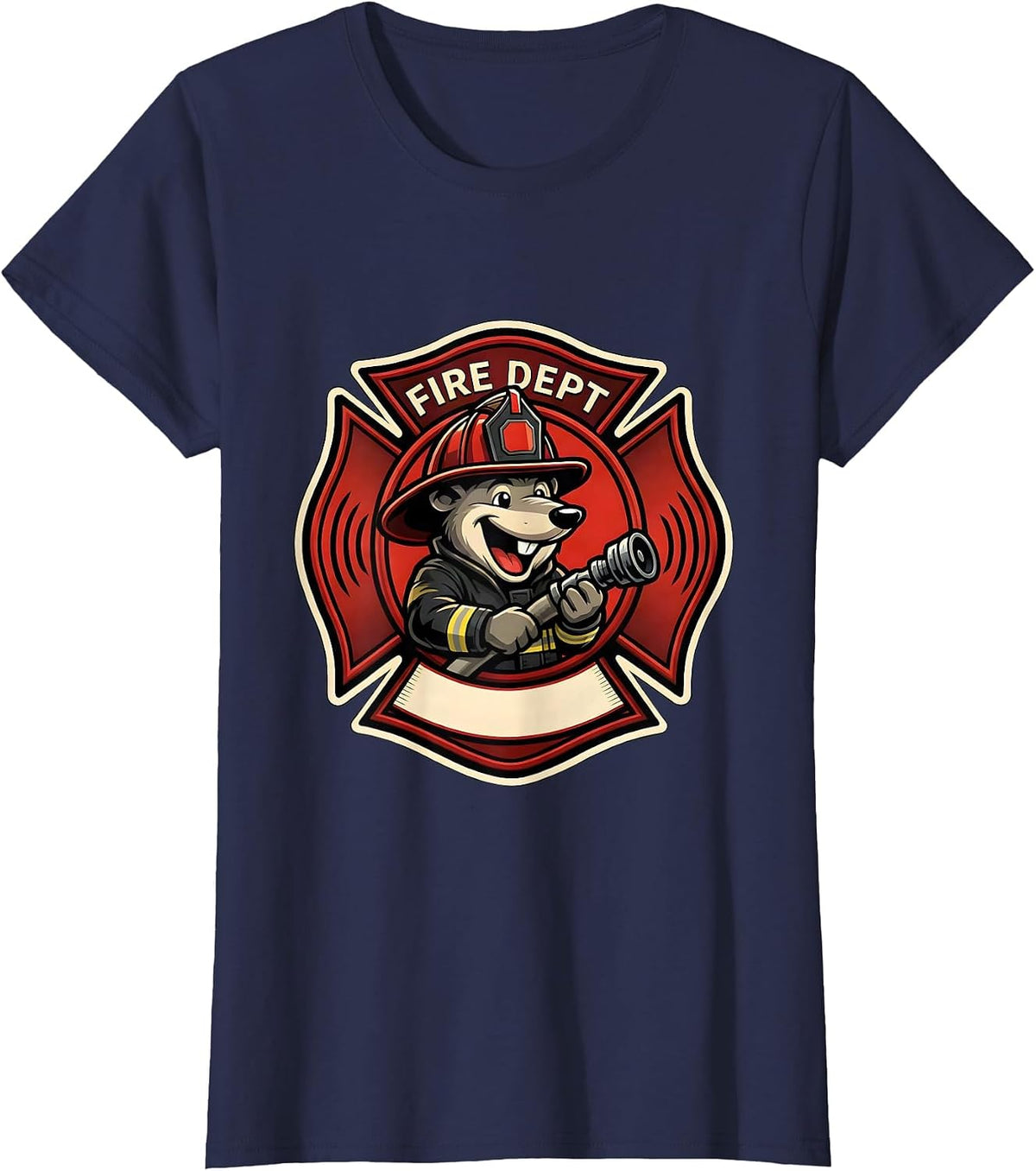 Women's Fire Dept Cheerful Mole Firefighter Mascot Logo Humor T-Shirt - Navy Blue