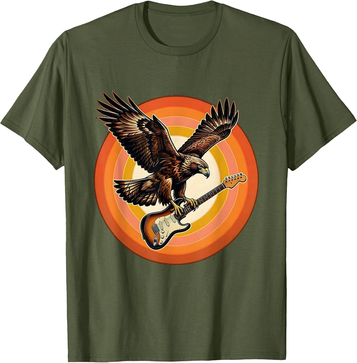 Hawk Diving With Guitar Vintage Rock Band Graphic T-Shirt - Olive Green