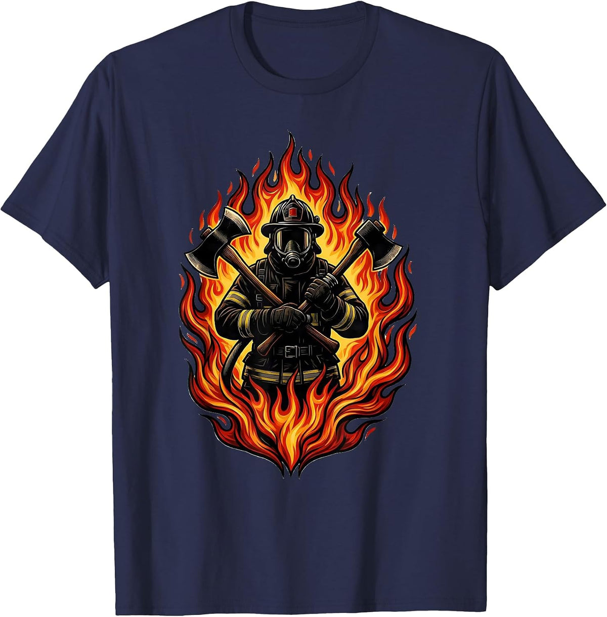 Firefighter Silhouette Against Wall of Flames T-Shirt - Navy Blue