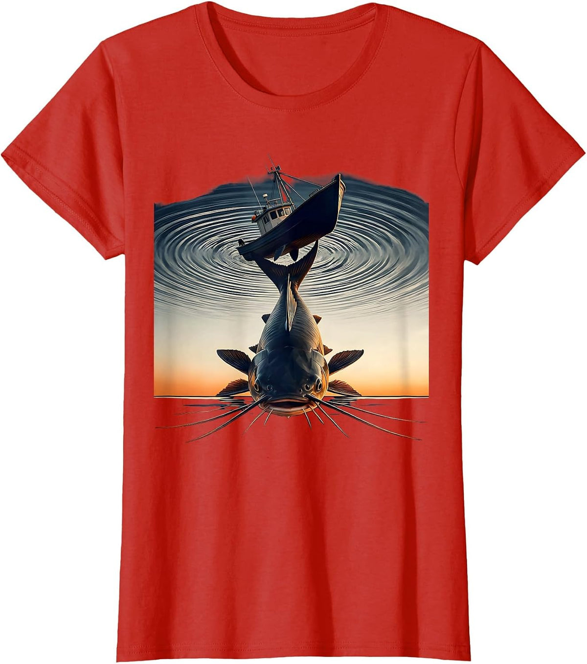 Women's Giant Catfish Pulling Down a Boat Fishing Graphic T-Shirt - Red