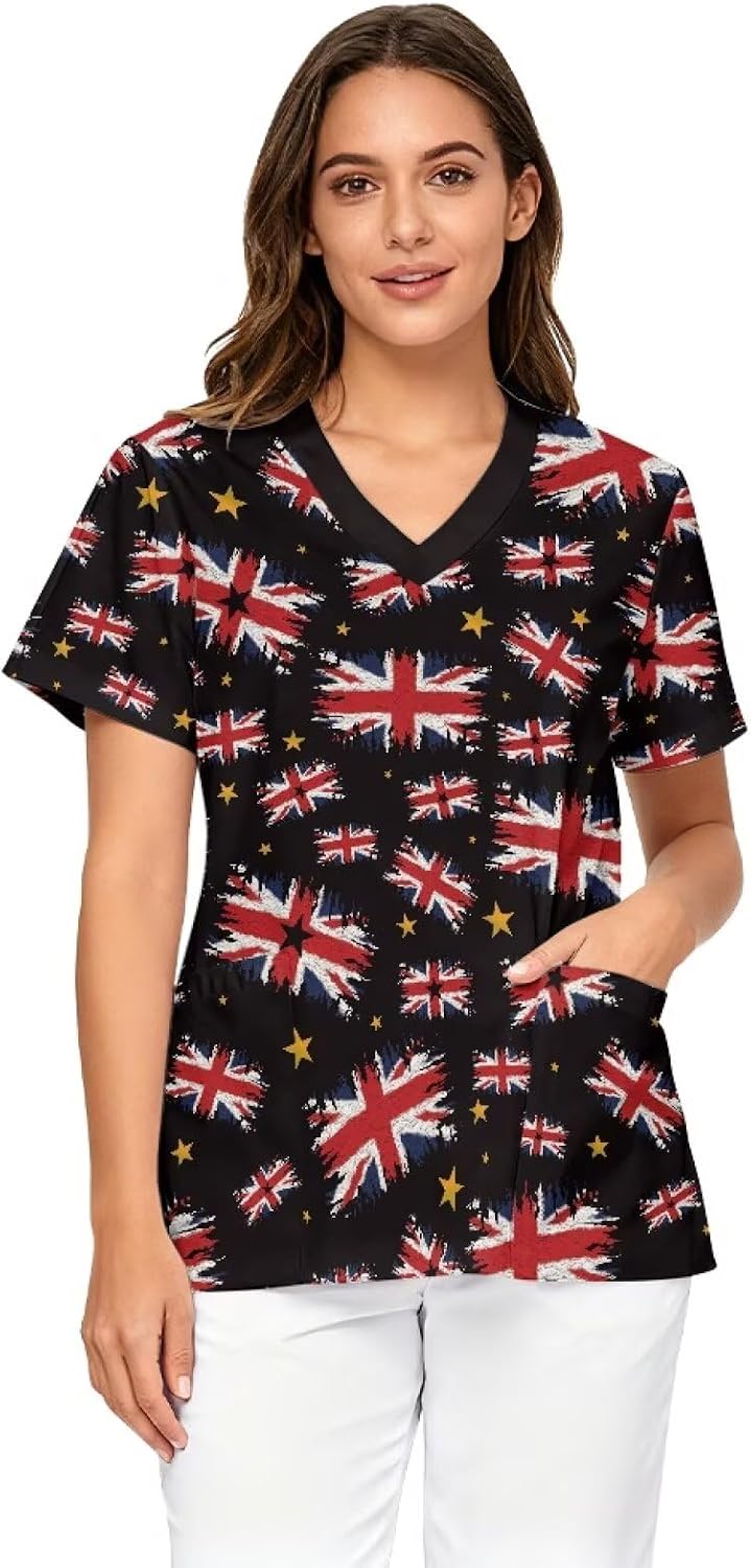 Scrub Tops for Women Plus Size V Neck Short Sleeve Shirt Nursing Medical Uniform with Pockets - Uk Flag Style