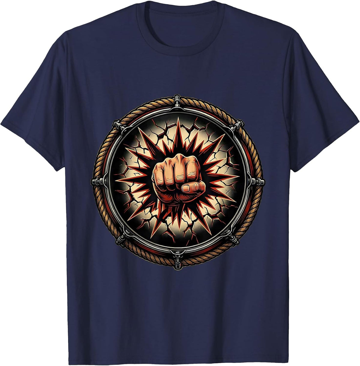 Fist Through Bass Drum Punk Rock Graphic T-Shirt - Navy Blue