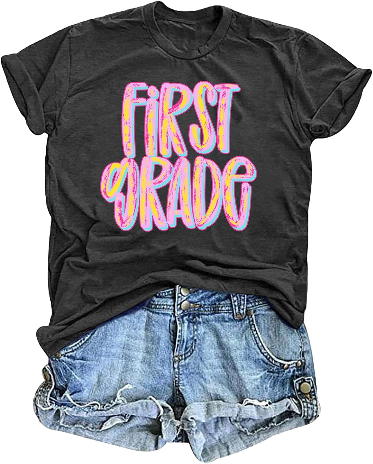 First Grade Shirt for Women Teacher Back to School Tee Colorful First Day of School Top Rainbow Graphic T-Shirt - First-grey