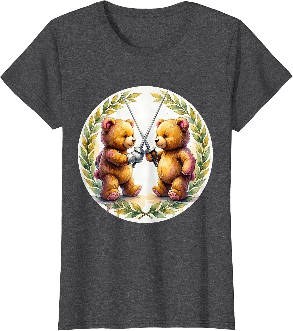 Women's Teddy Bears Fencing Duel Graphic Tee T-Shirt - Dark Heather Grey