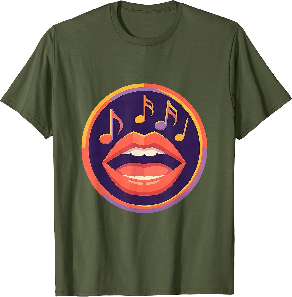 Musical Notes Open Mouth Singer Graphic Design T-Shirt - Olive Green