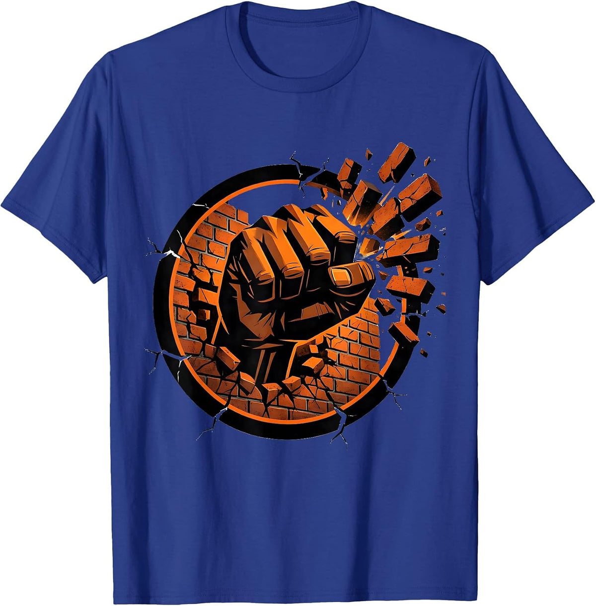 Punk Fist Through Brick Wall Graphic Tee T-Shirt - Royal Blue