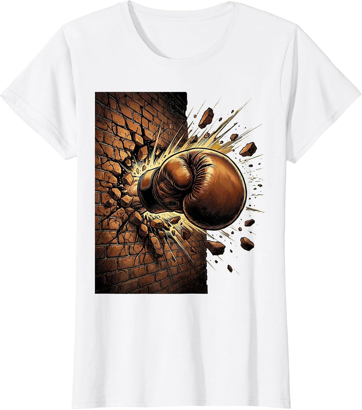 Boxing Fist Shattering Brick Wall Graphic T-Shirt - White
