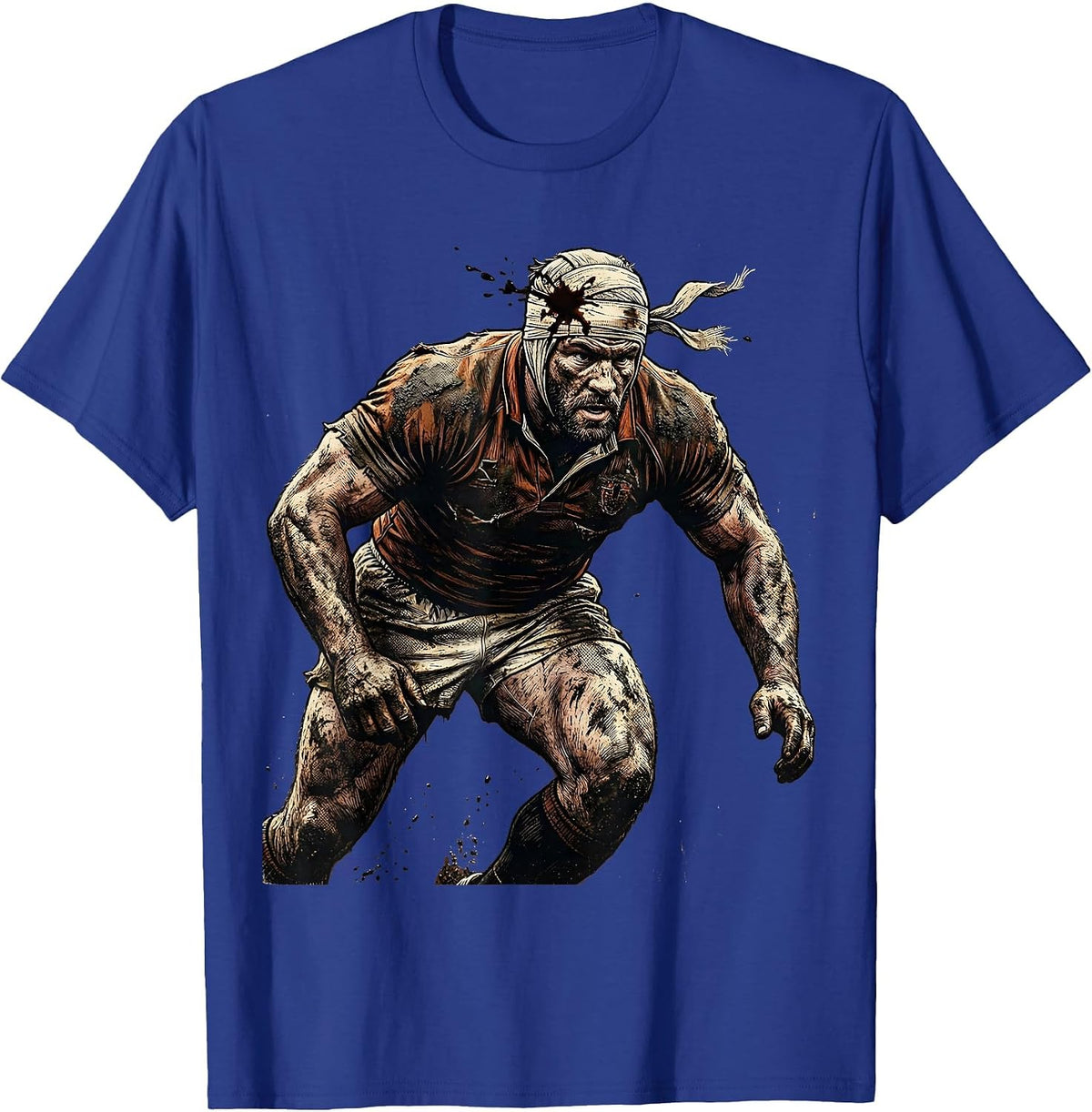 Bloodied Rugby Warrior Charging Graphic T-Shirt - Royal Blue