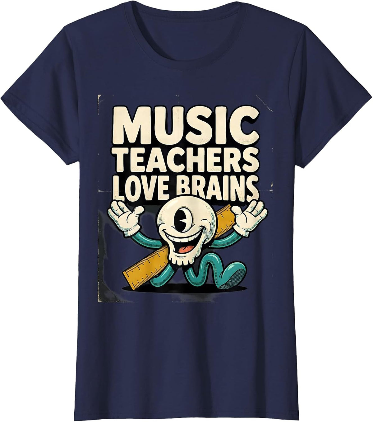 Women's Music Teachers Love Brains Retro Cartoon Teacher Halloween T-Shirt - Navy Blue