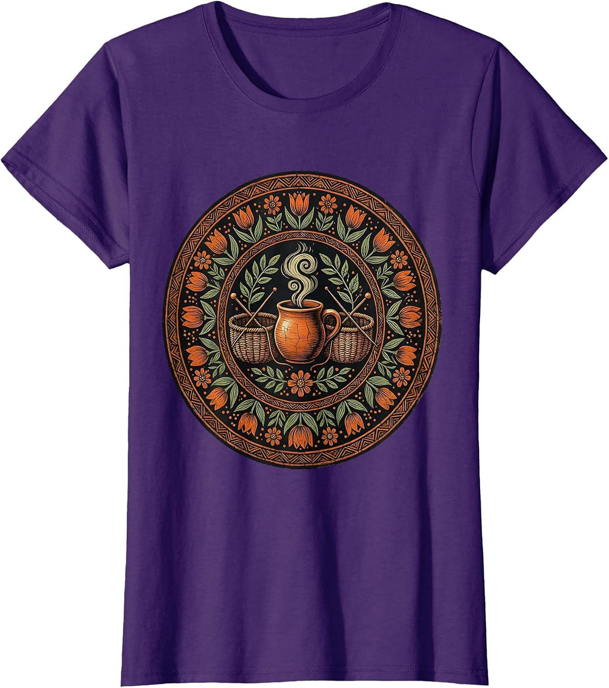 Women's Cozy Tea and Knitting Basket Mom Graphic T-Shirt - Purple