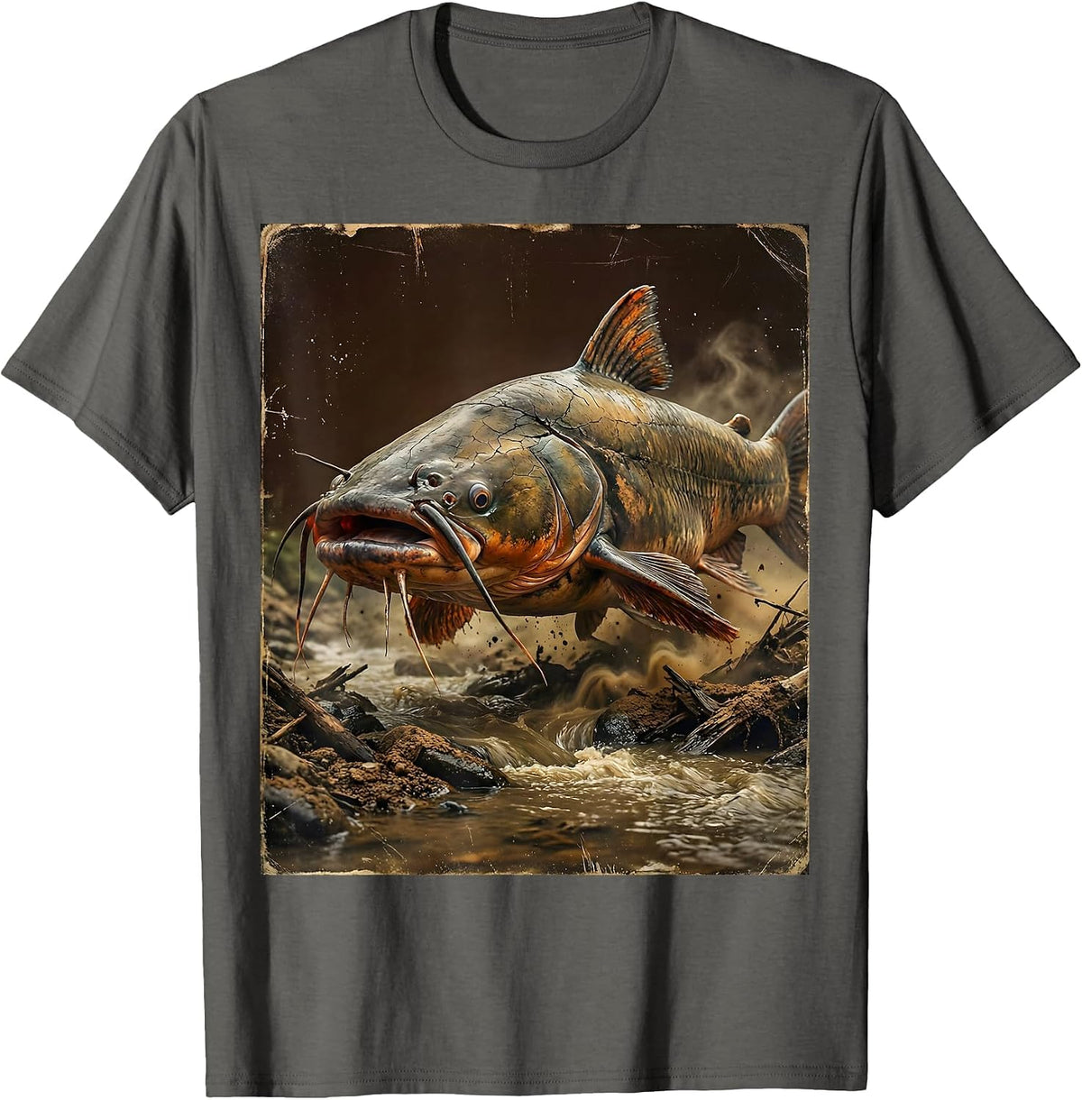 Catfish Riverbed Lurking Fishing Graphic T-Shirt - Asphalt Grey