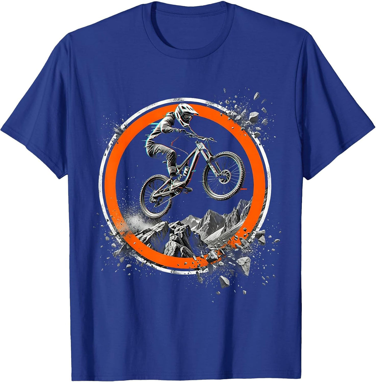 Mountain Biker Airborne Over Rocky Terrain Graphic T-Shirt - Royal Blue