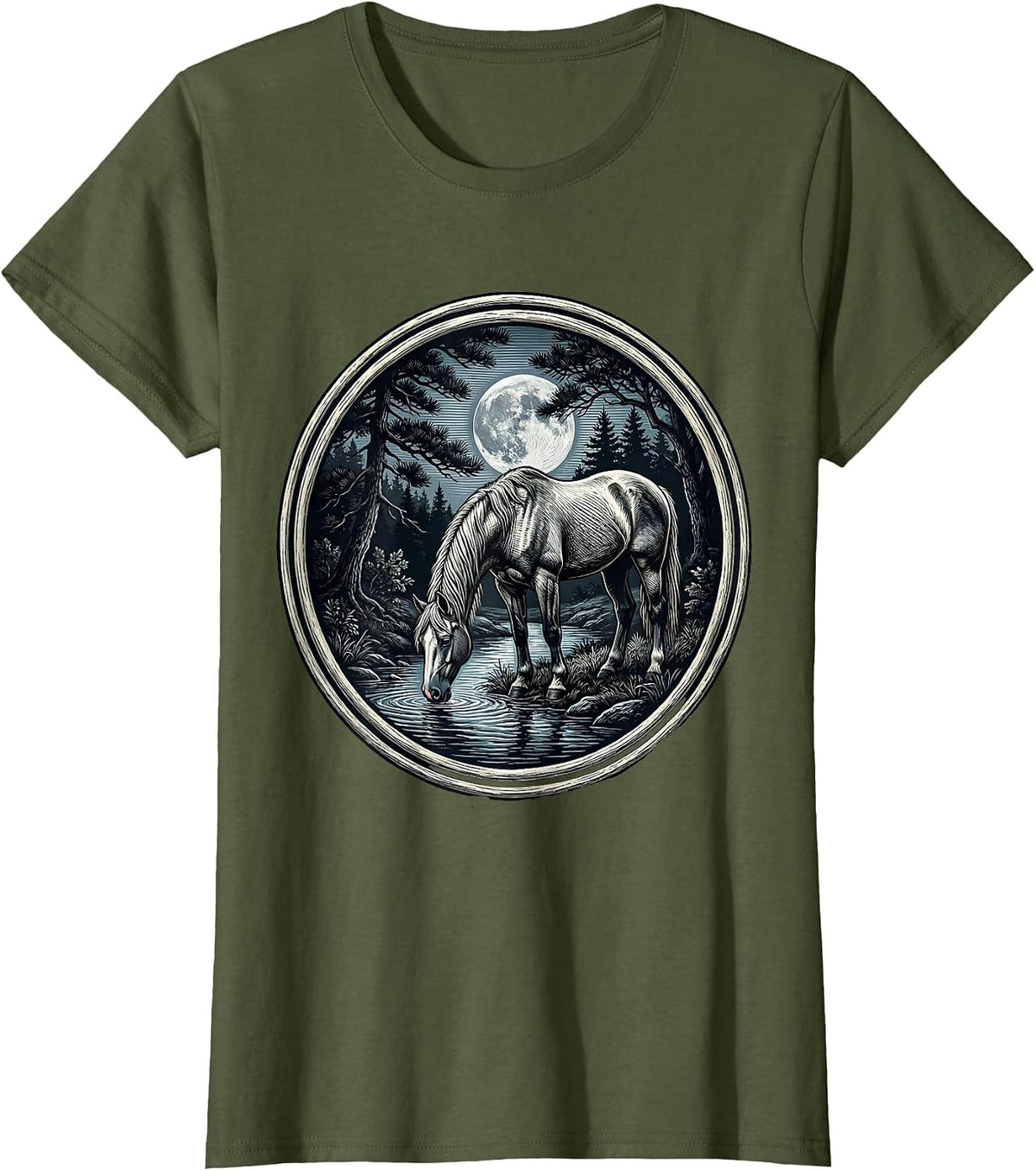 Women's Horse Drinking from Moonlit Forest Stream T-Shirt - Olive Green