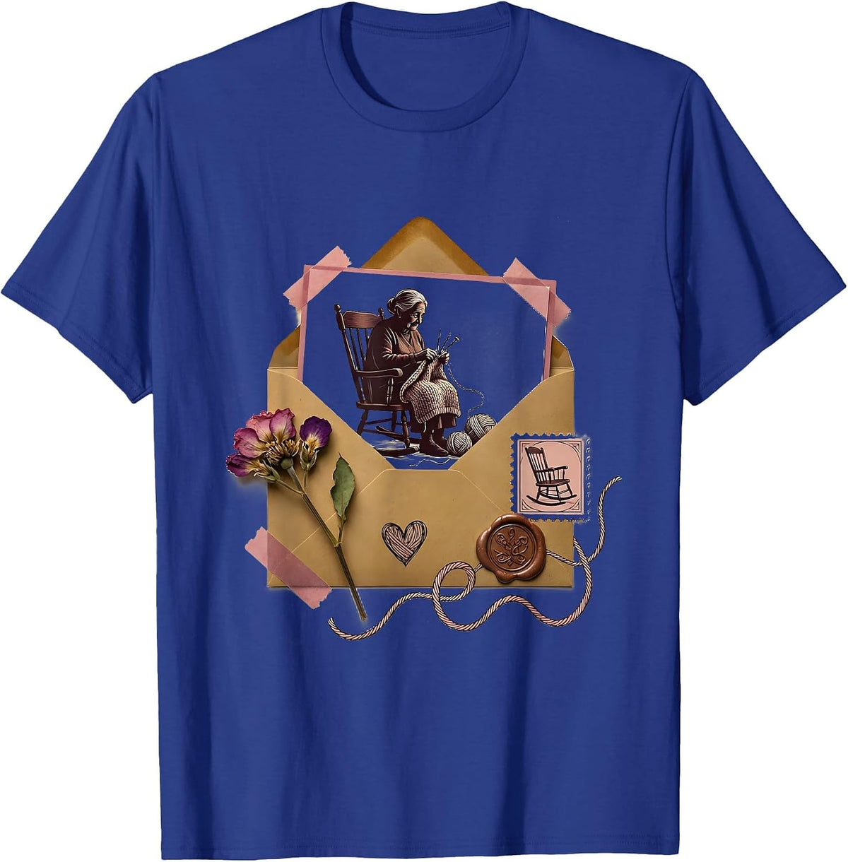 Men's Grandma Knitting in Rocking Chair Illustration T-Shirt - Royal Blue