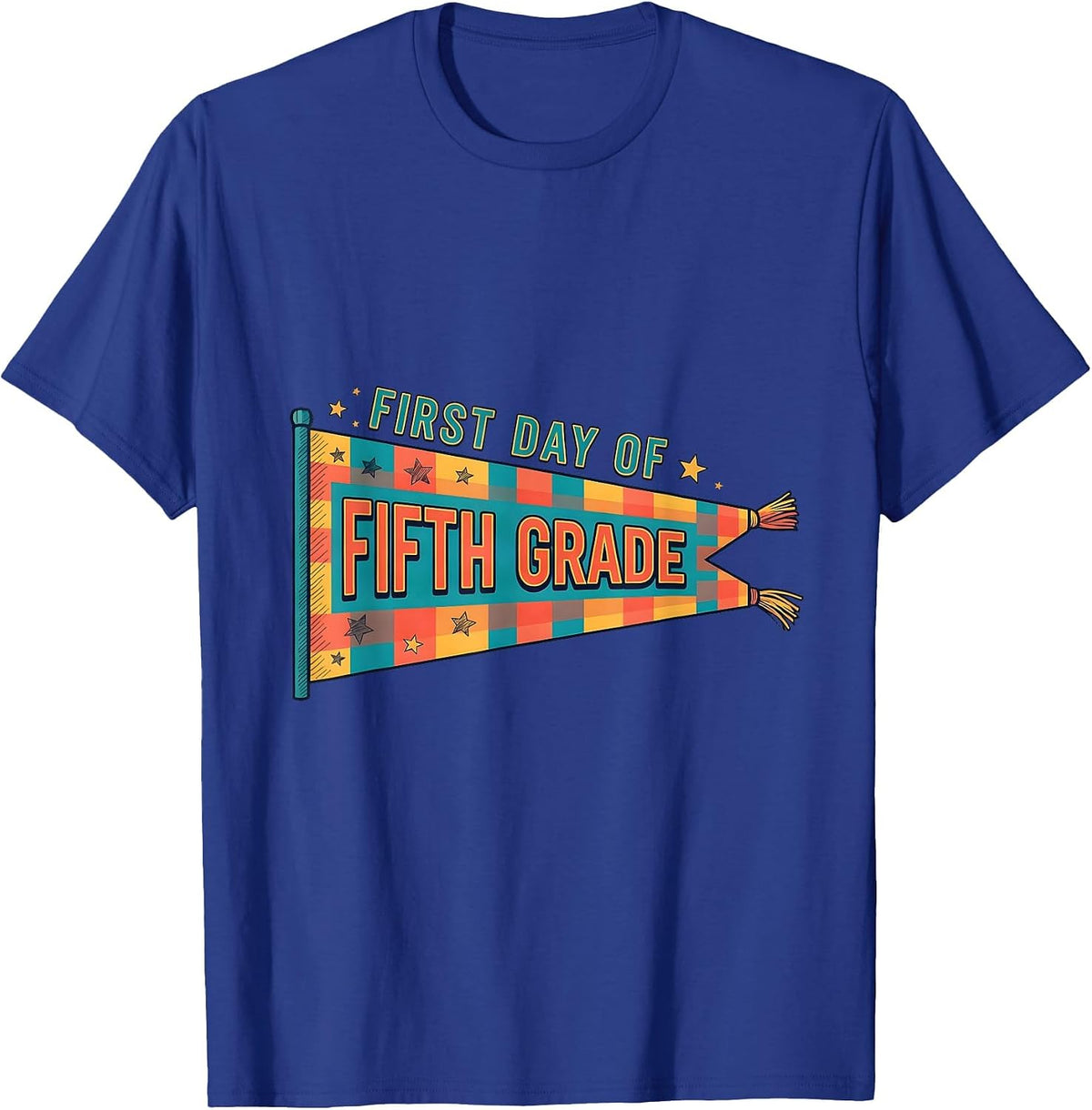 Men's First Day of Fifth Grade Cheerful Back to School Pennant T-Shirt - Royal Blue