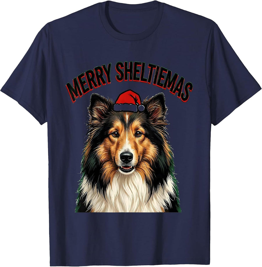 Merry Sheltiemas Funny Shetland Sheepdog Christmas Dog Breed T-Shirt - Navy Blue