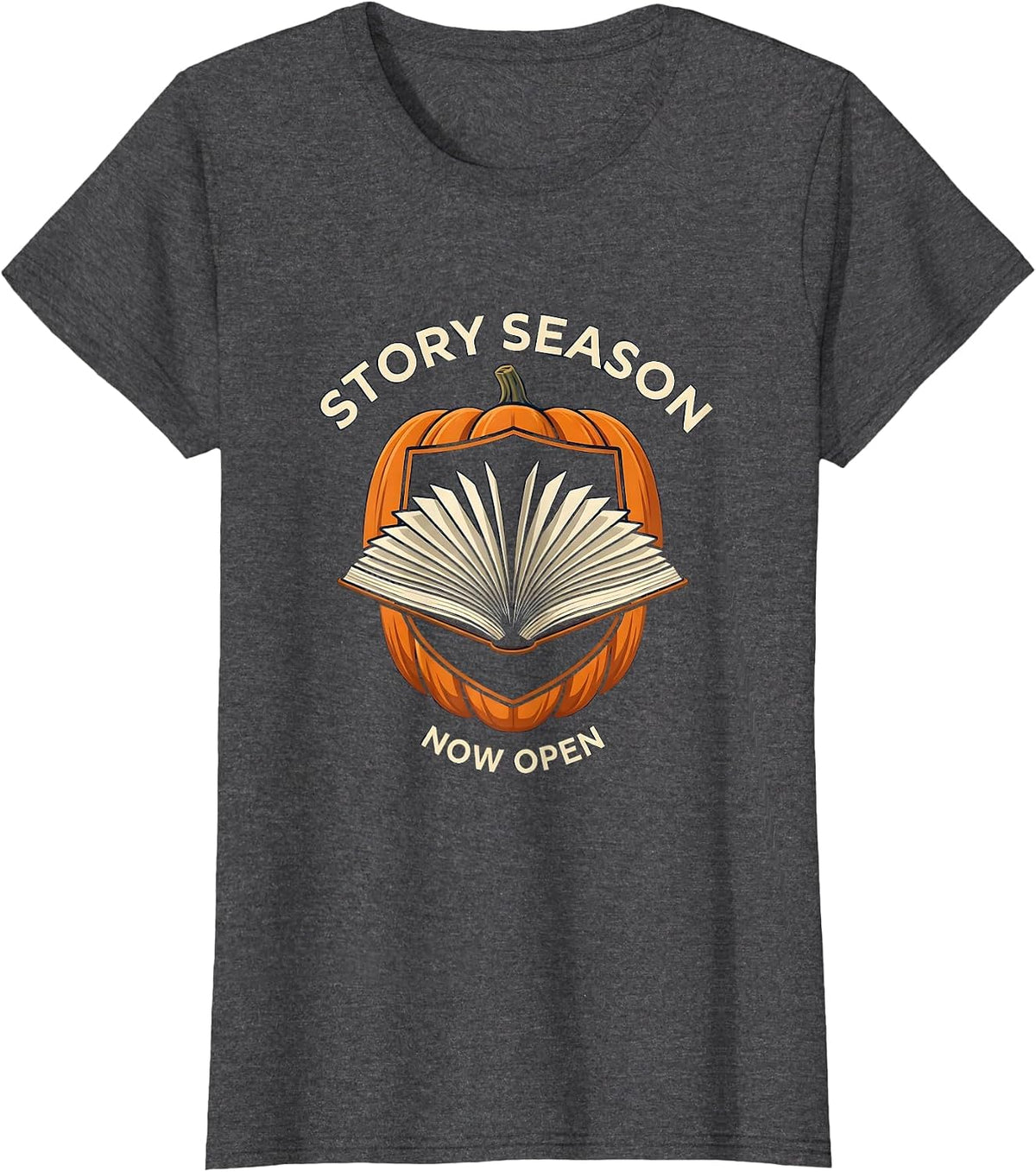 Women's Story Season Now Open Whimsical Teacher Reading Love Autumn T-Shirt - Dark Heather Grey