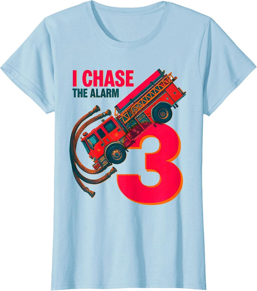Women's I Chase The Alarm — 3 Playful Firefighter Toddler Boy 3rd T-Shirt - Baby Blue