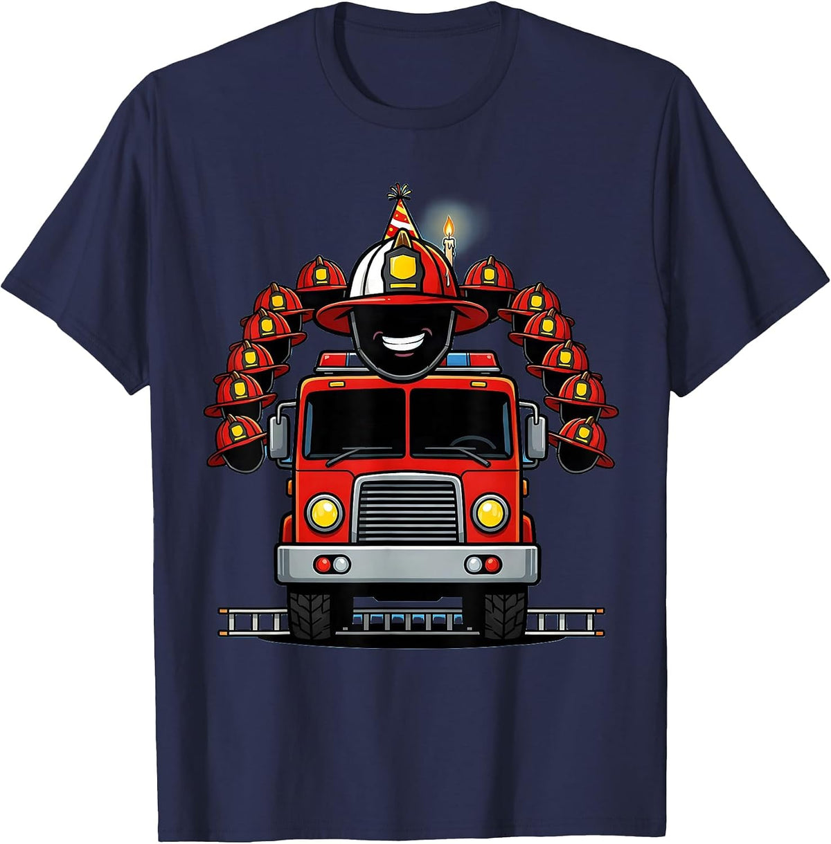 Birthday Boy Fire Truck Firefighter Party Family Matching T-Shirt - Navy Blue