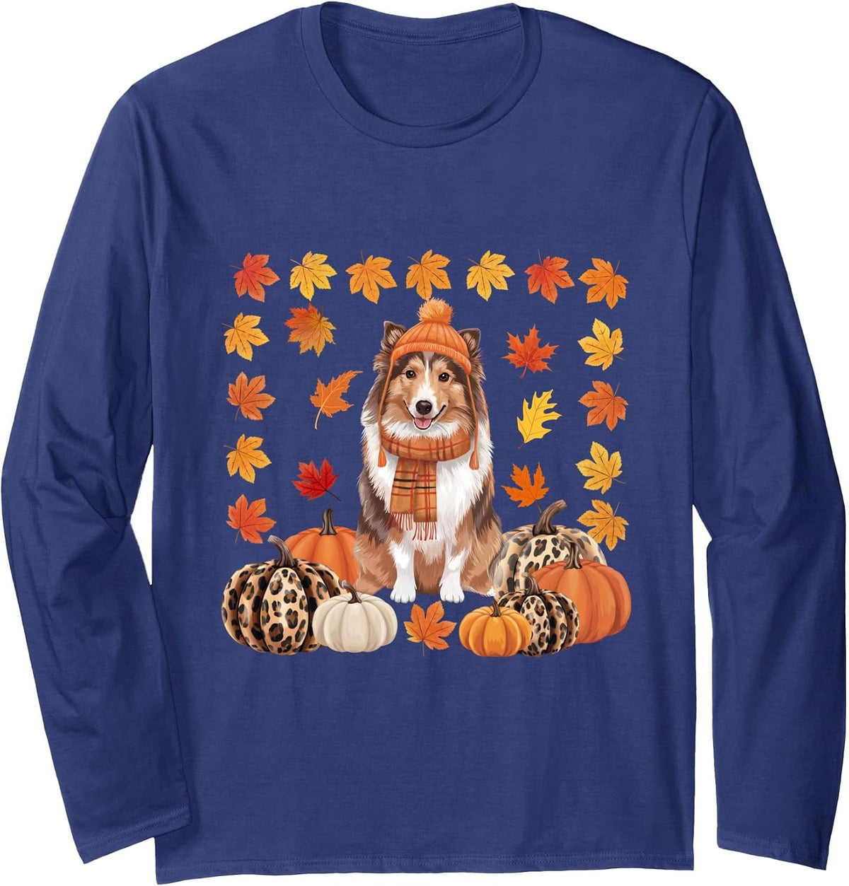 Sheltie Shetland Sheepdog Pumpkins Fall Leaves Halloween Long Sleeve T-Shirt - Adult Unisex Navy Blue