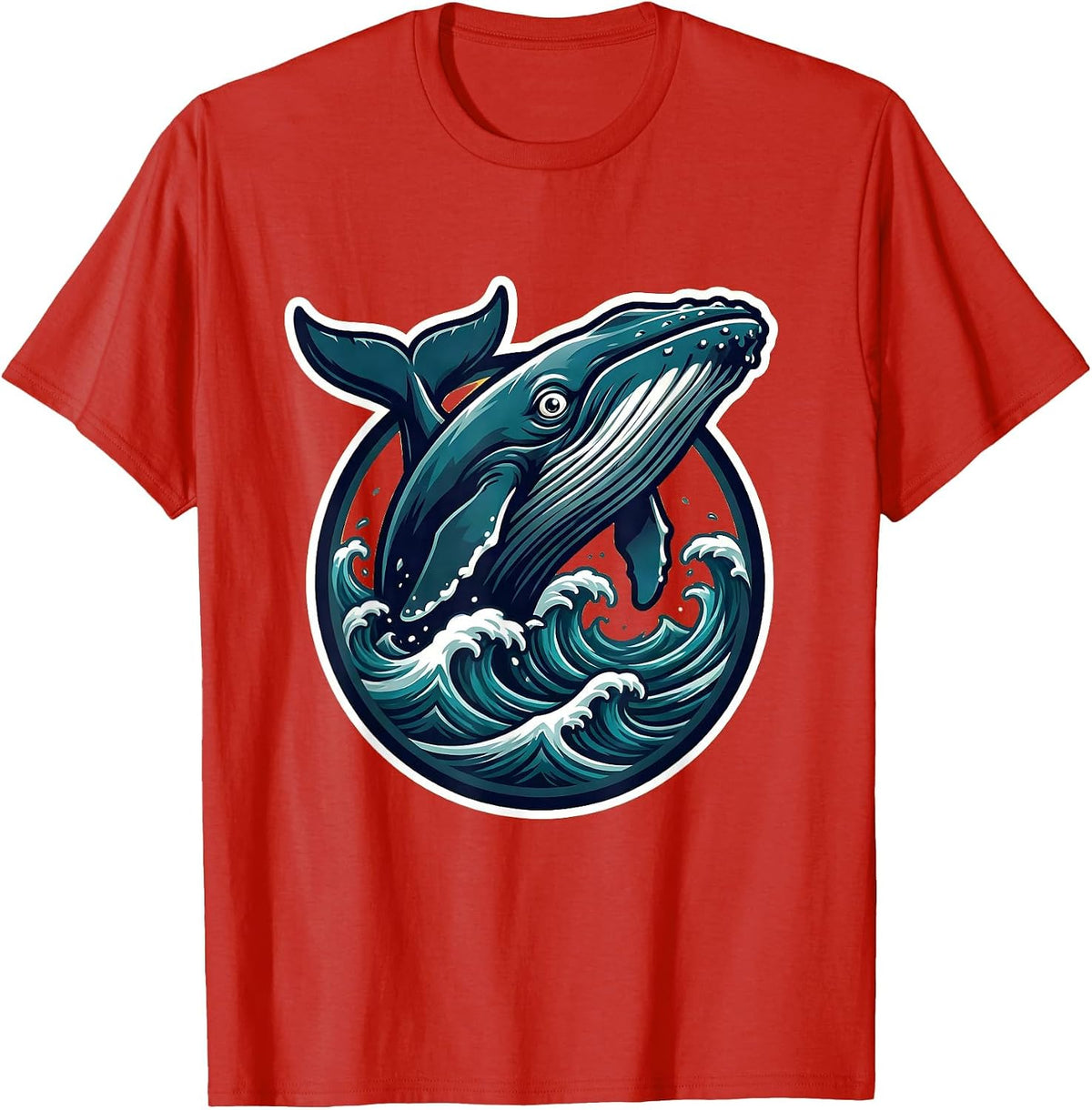Men's Whale Breaching Ocean Waves Graphic Design T-Shirt - Red