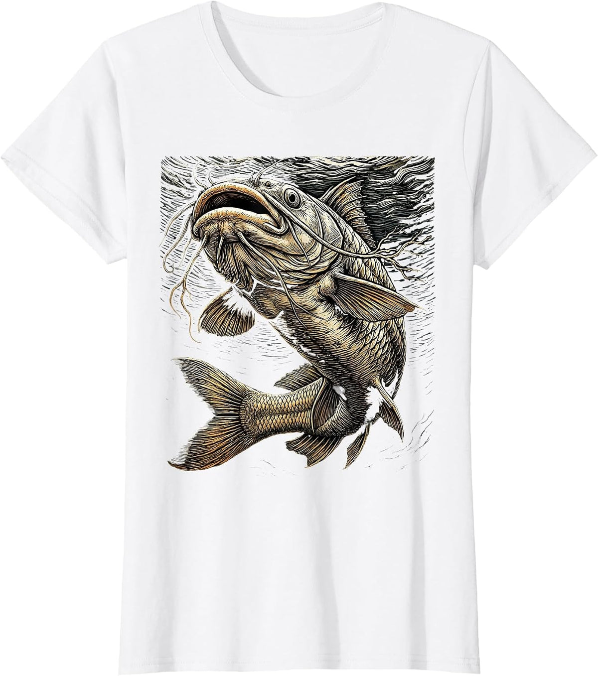 Women's Catfish Dark Depths Lurking Giant Fishing Graphic T-Shirt - White