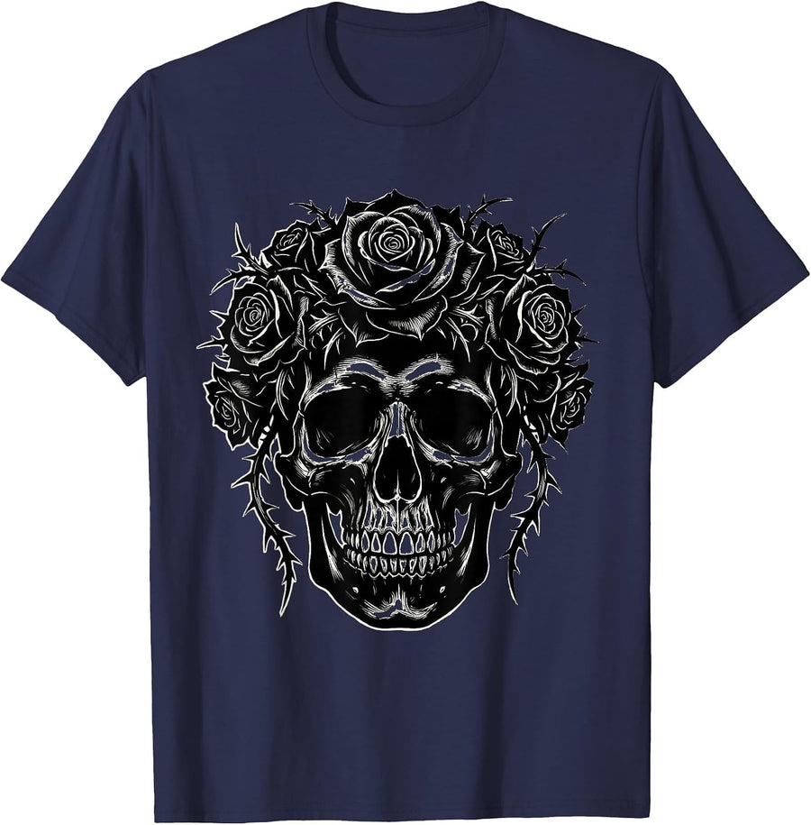 Skull Crowned With Thorny Roses Gothic Art T-Shirt - Navy Blue
