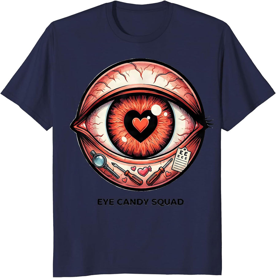 Eye Candy Squad Bold Cartoon Optometrist Valentine Squad T-Shirt - Navy Blue