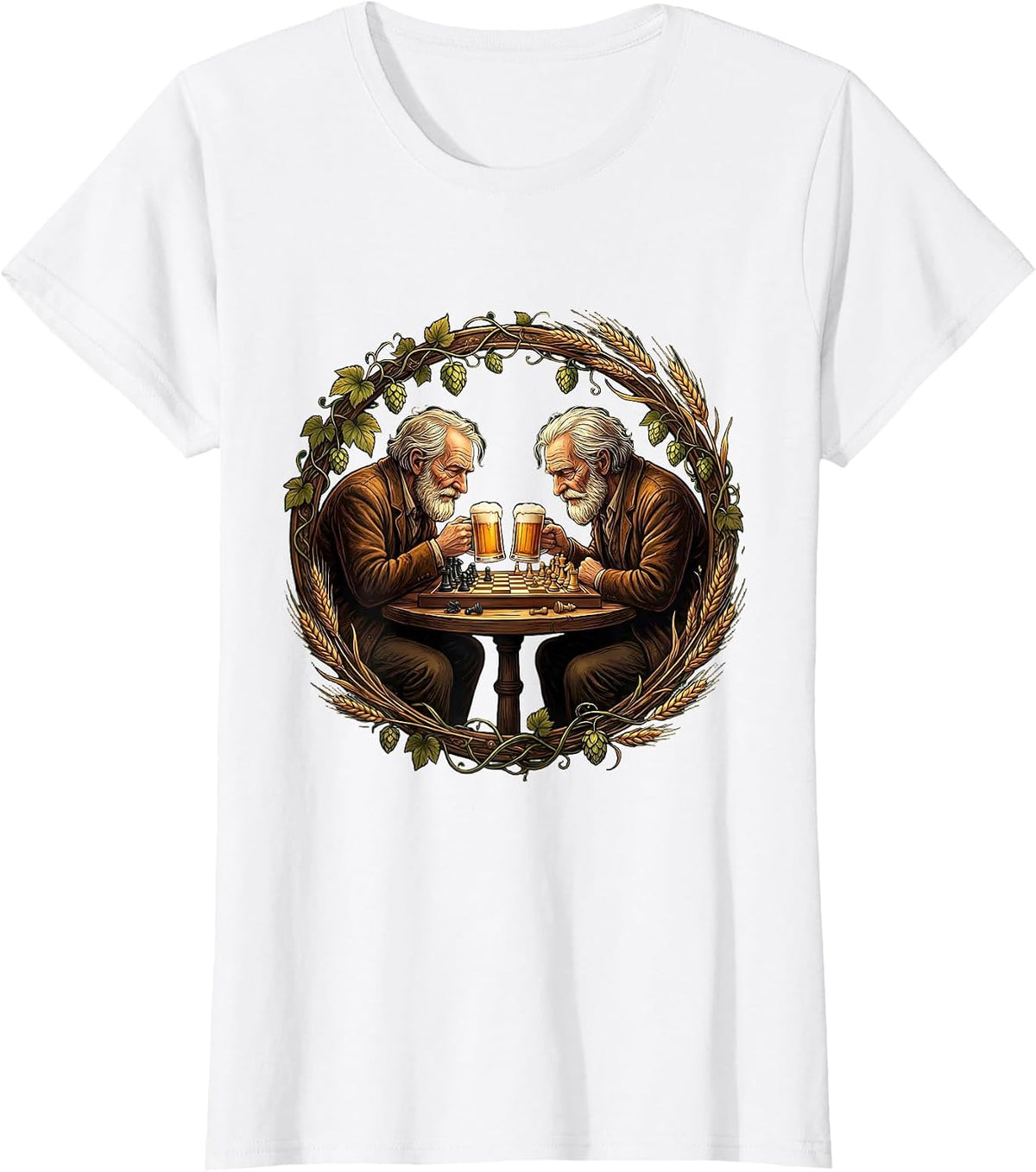 Old Friends Chess and Beer Illustration T-Shirt - White