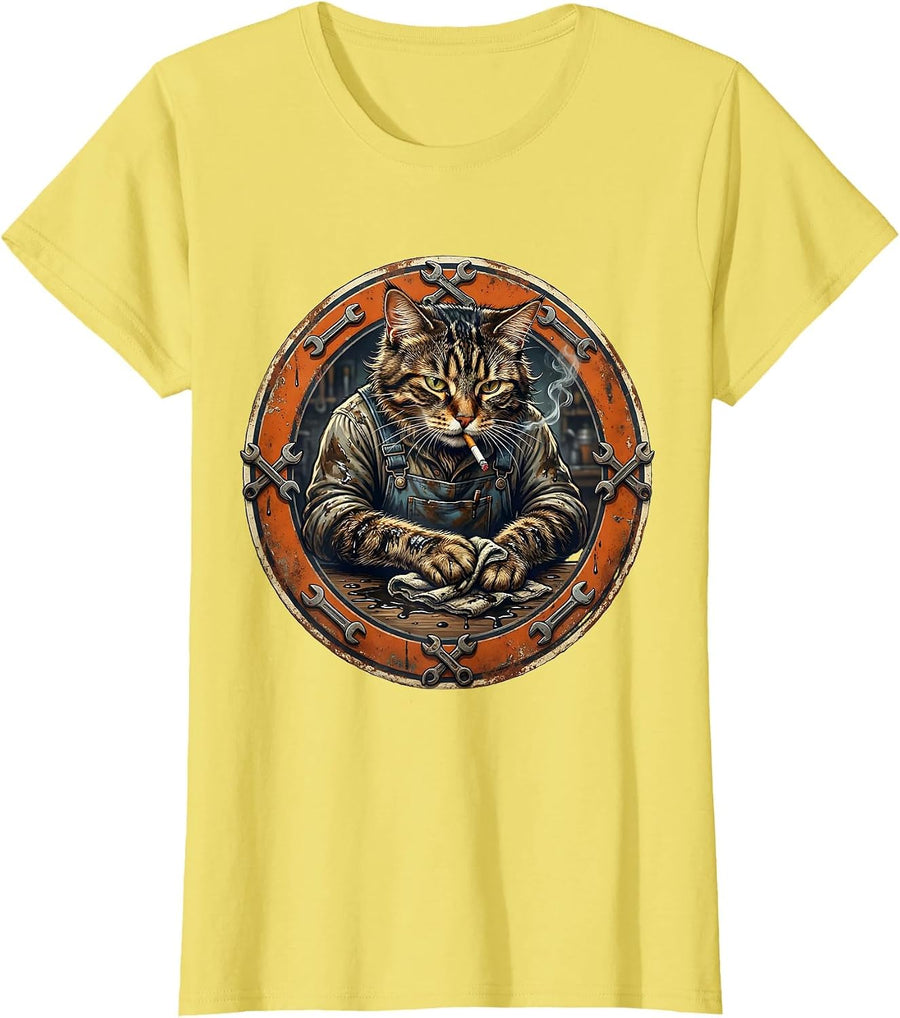 Cool Cat Mechanic With Cigarette Illustration T-Shirt - Lemon Yellow