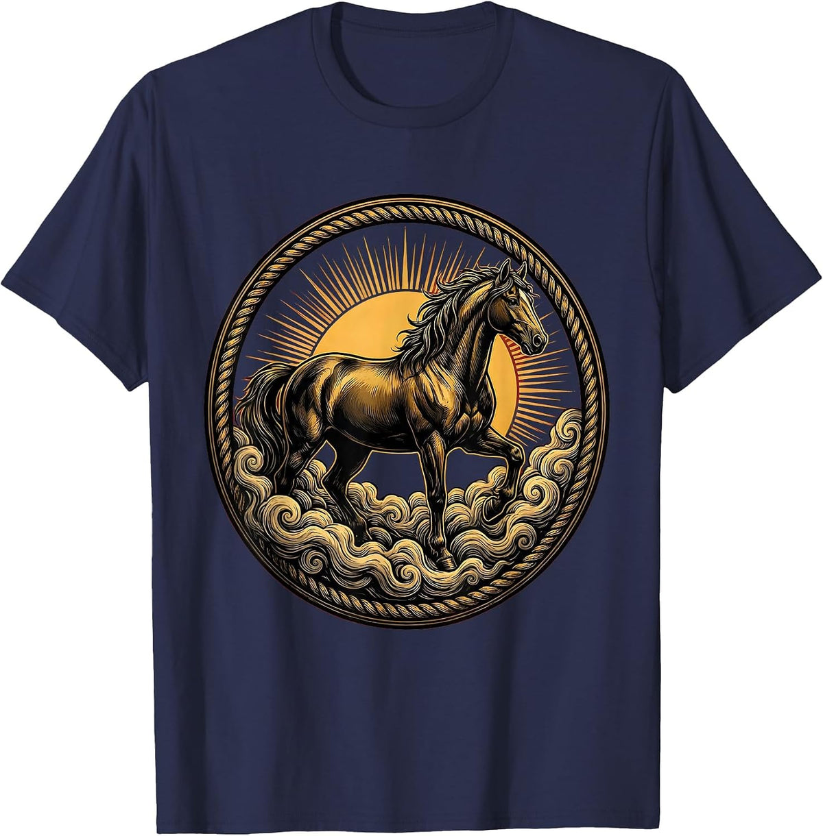 Horse in Misty Morning Fog Illustration T-Shirt - Navy Blue