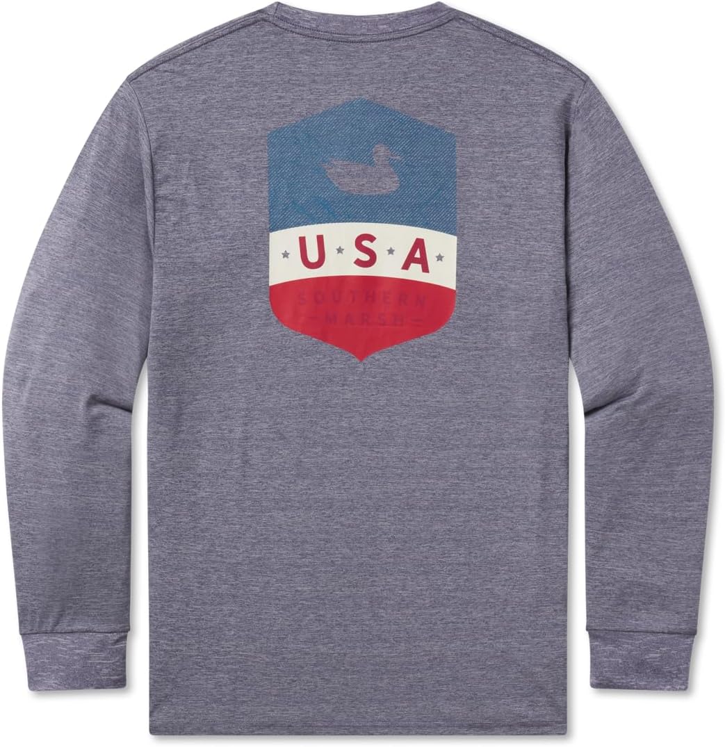 Southern Marsh Men’s FieldTec Heathered Performance - Liberty T-Shirt – Long Sleeve Casual Graphic Tee - Navy