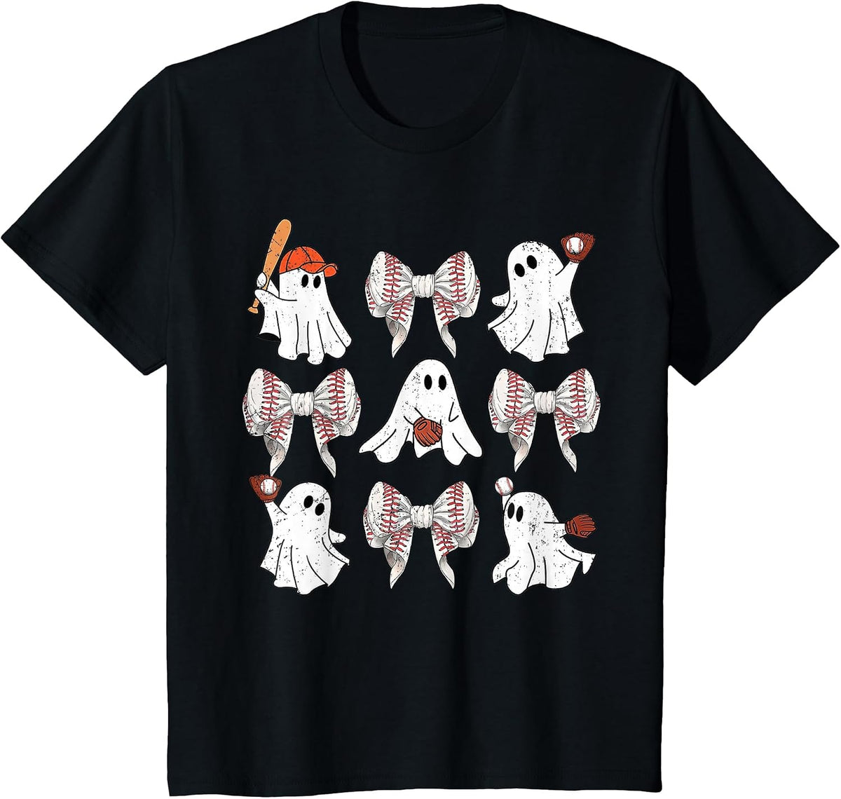 Baseball Player Halloween Bow Coquette Ghost Halloween Tee T-Shirt - Black