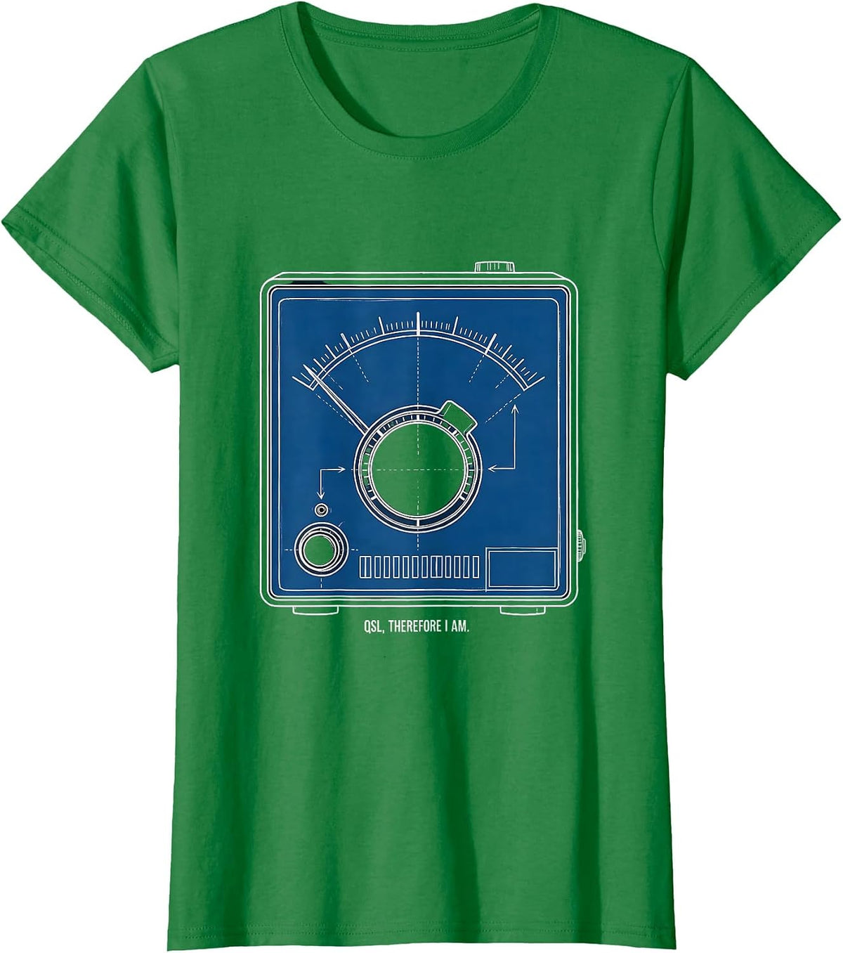Women's QSL Therefore I Am Technical Blueprint Ham Radio Operator T-Shirt - Kelly Green