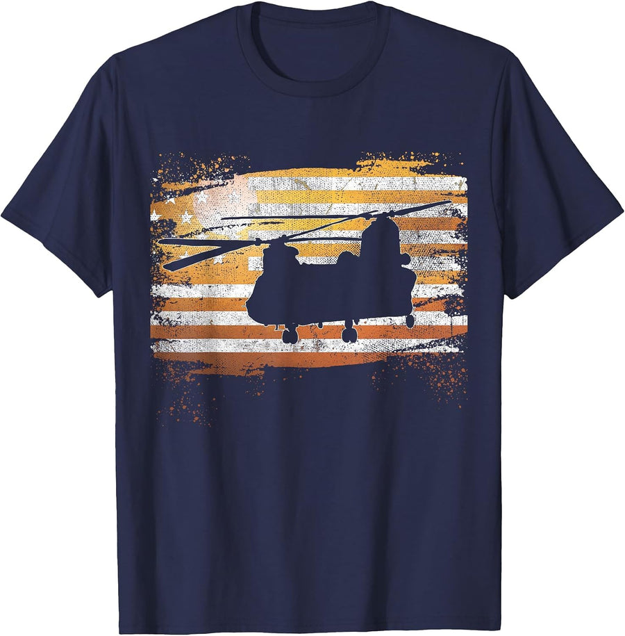 CH-47 Chinook Helicopter Patriotic American Flag T-Shirt - Navy Blue