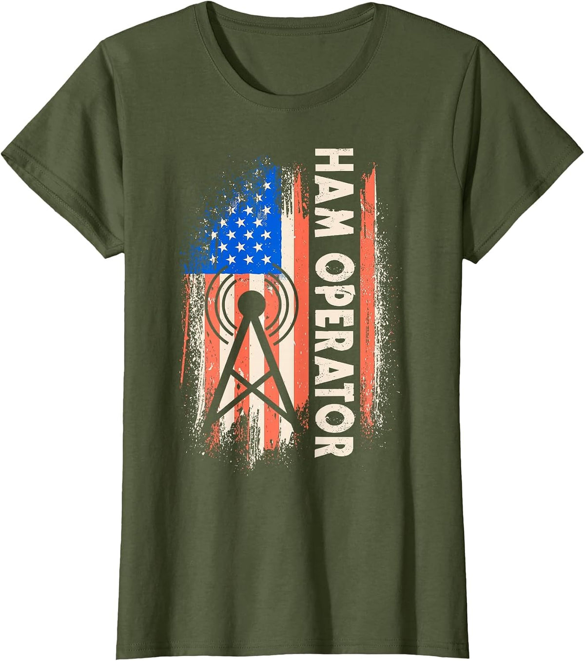 Patriotic USA Flag Ham Radio Amateur Radio Operator T-Shirt - Olive Green