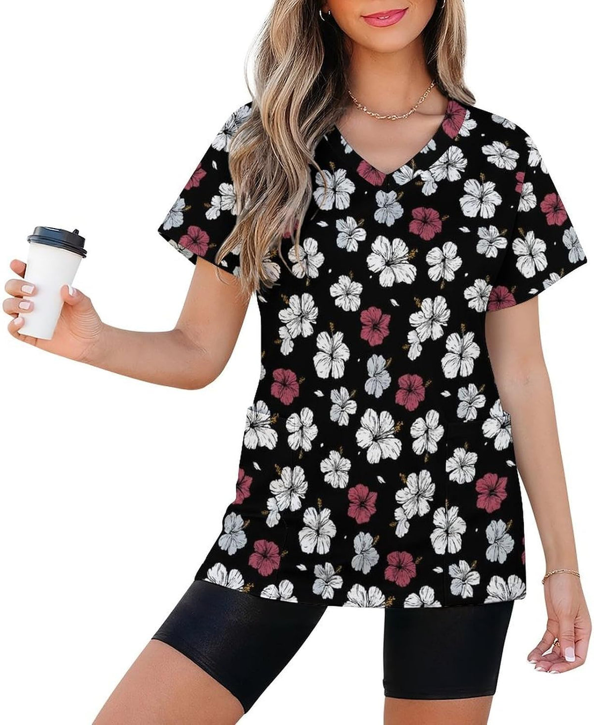 Womens Scrubs V Neck Cozy Fit Nurse Medical Shirts with 2 Pockets - White Pink Flower a
