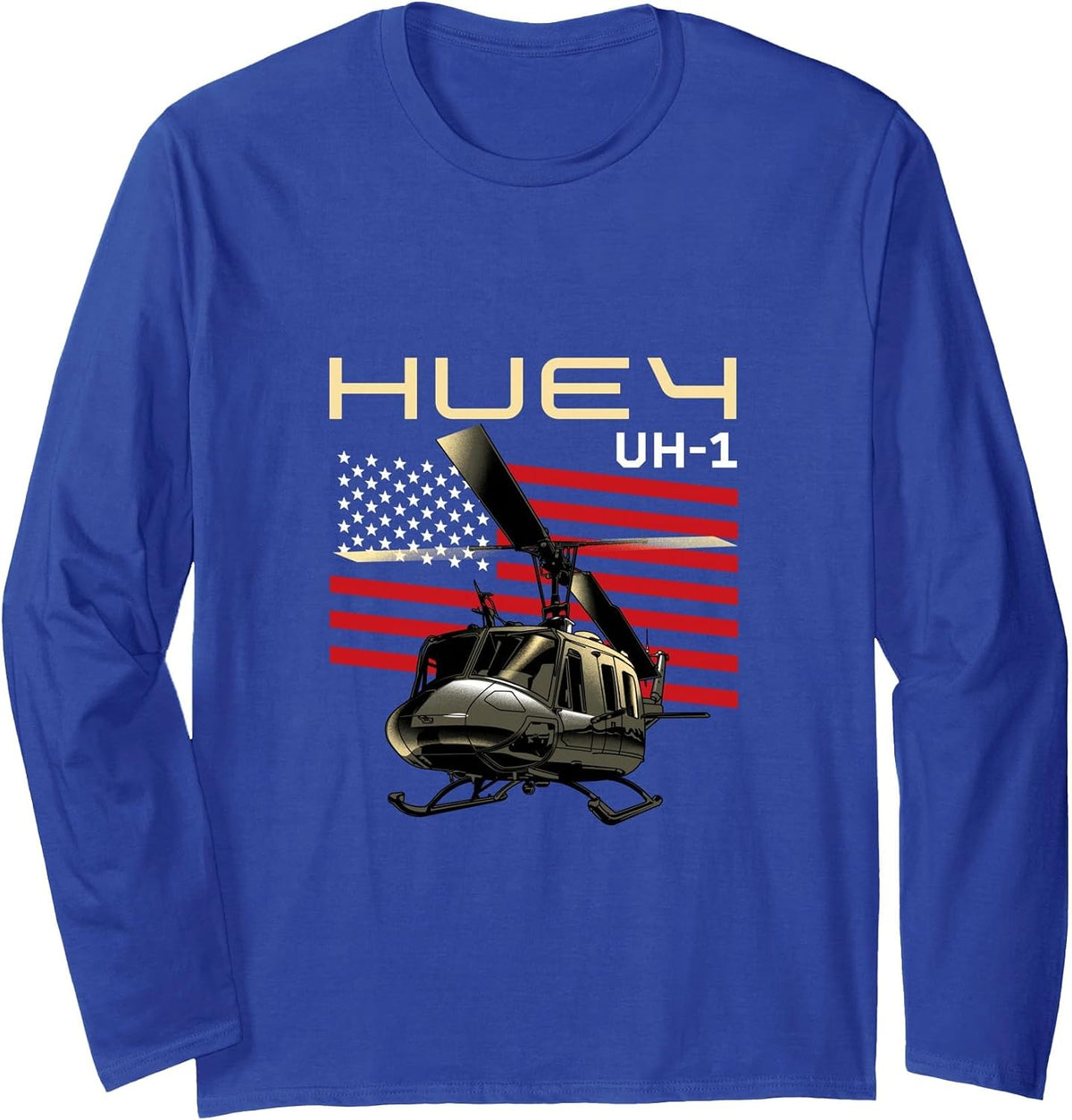 Huey Military Helicopter Airplane Long Sleeve T-Shirt - Adult Unisex Royal Blue