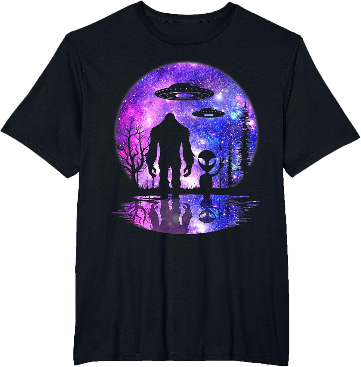 Alien and Bigfoot Full Moon Sasquatch UFO T-Shirt - Black