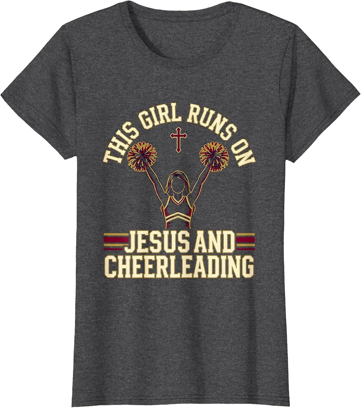 Women's This Girl Runs On Jesus And Cheerleading Christian Gift T-Shirt - Dark Heather Grey