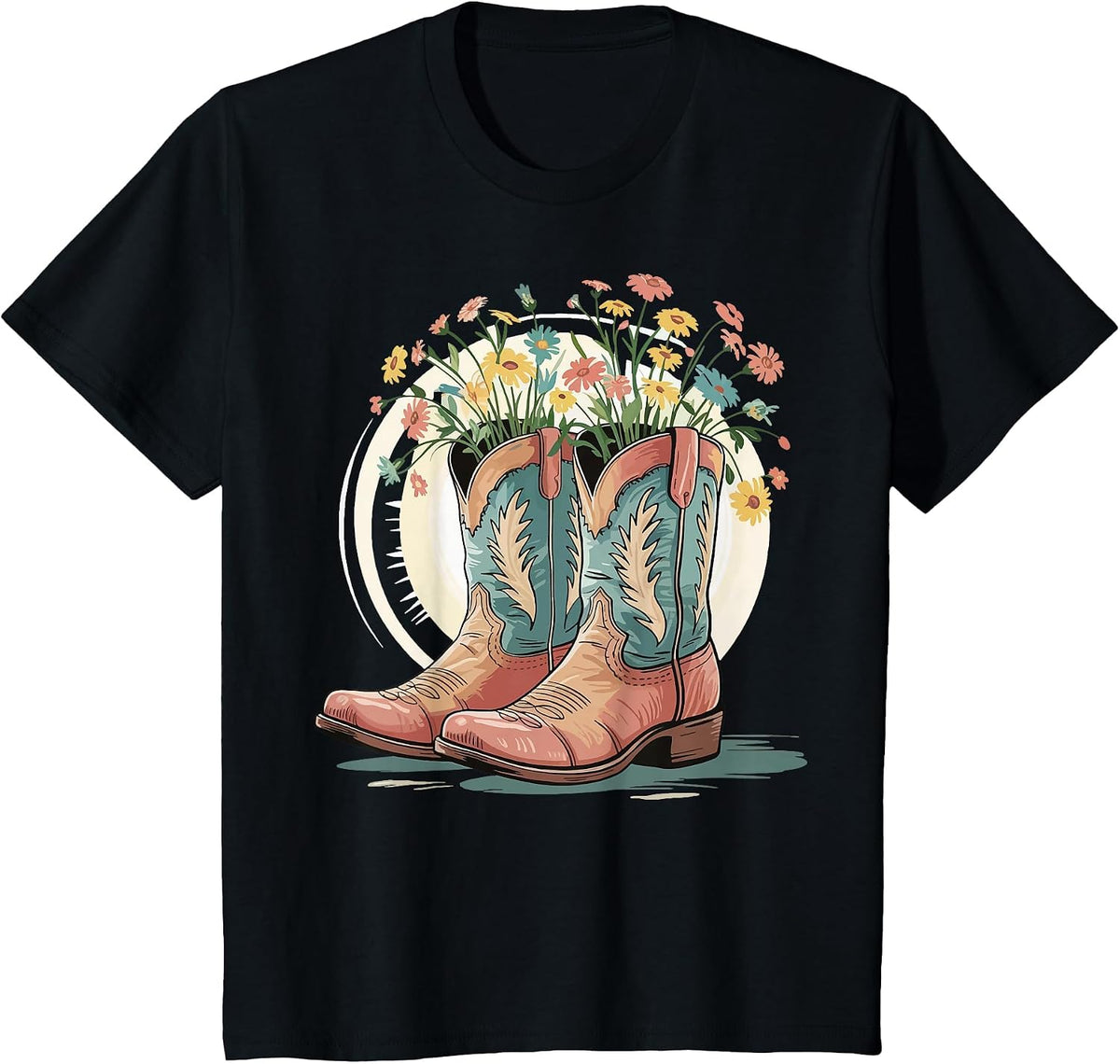 Cowboy Boots Flowers Line Dancing Western T-Shirt - Black