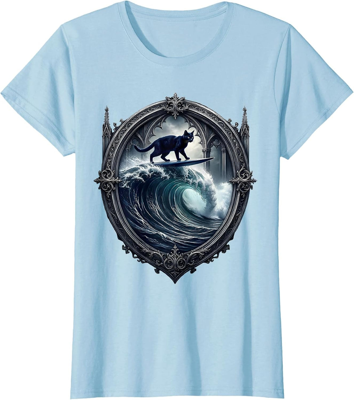 Cat Surfing Ocean Wave Illustration T-Shirt - Baby Blue