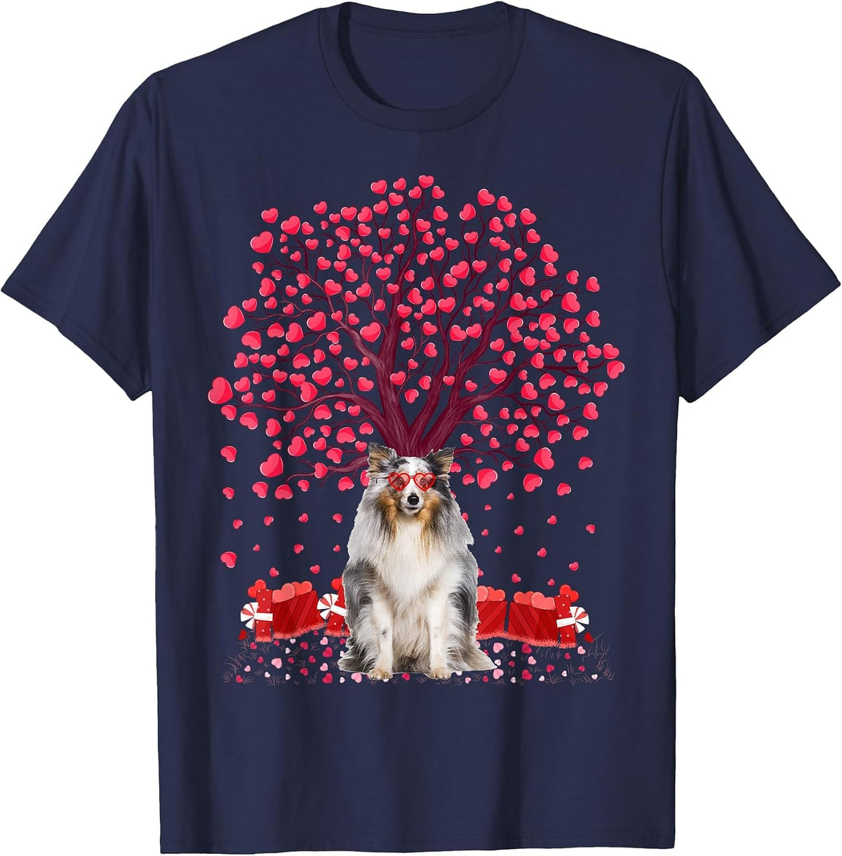 Sheltie Dog Lover Heart Tree Sheltie Valentine's Day T-Shirt - Navy Blue