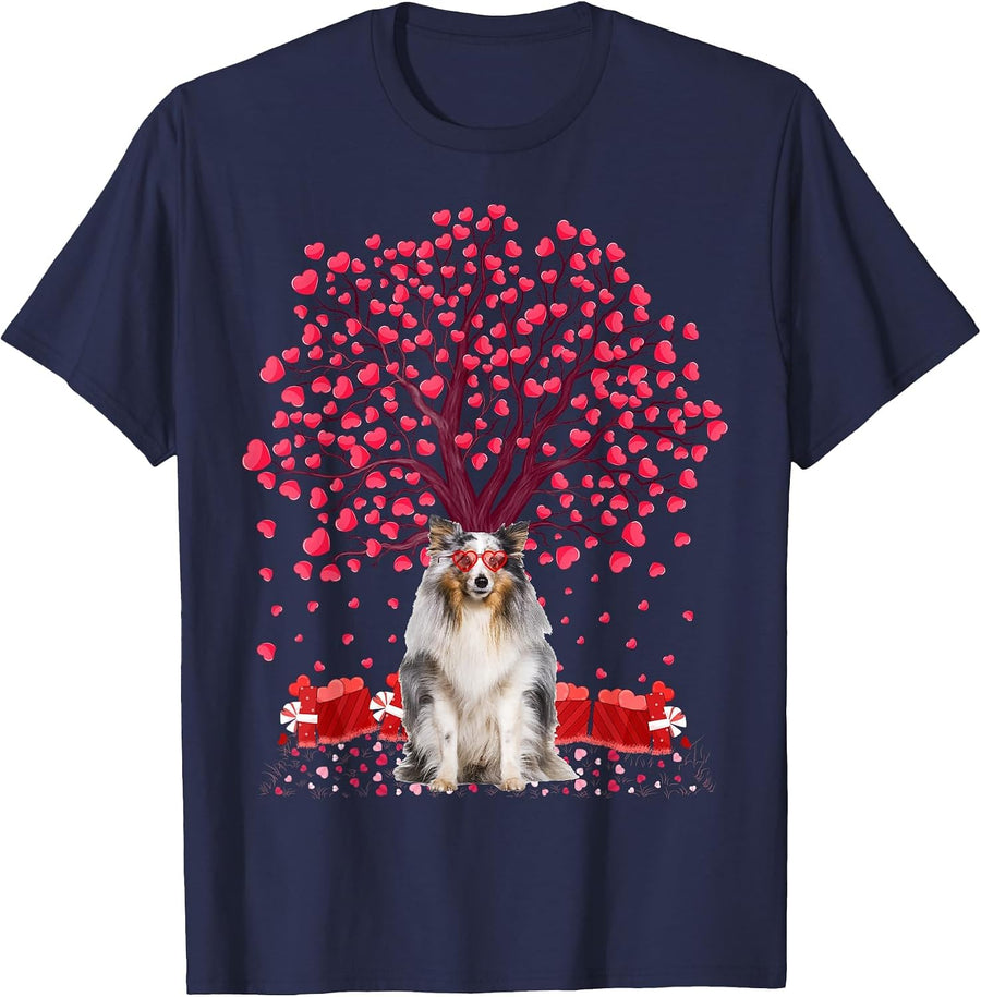 Sheltie Dog Lover Heart Tree Sheltie Valentine's Day T-Shirt - Navy Blue