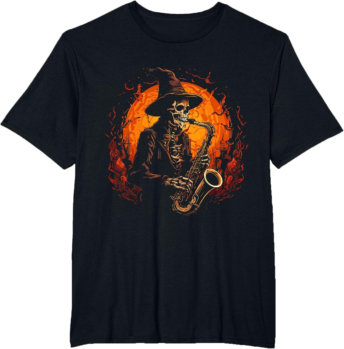 Skeleton Playing Saxophone Musical Scary Halloween Costume T-Shirt - Black