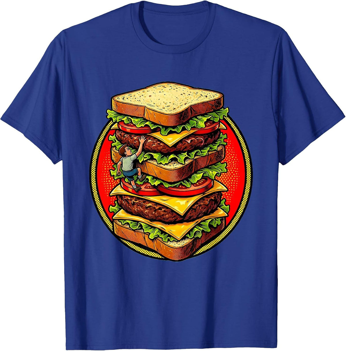 Tiny Man Climbing a Giant Stacked Sandwich T-Shirt - Royal Blue